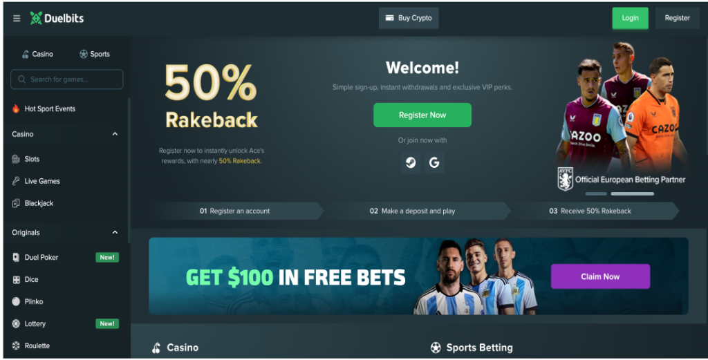The homepage of Duelbits Casino