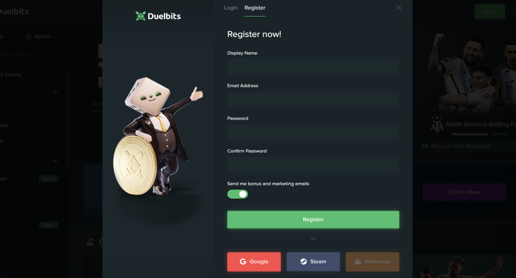 The registration form at Duelbits casino
