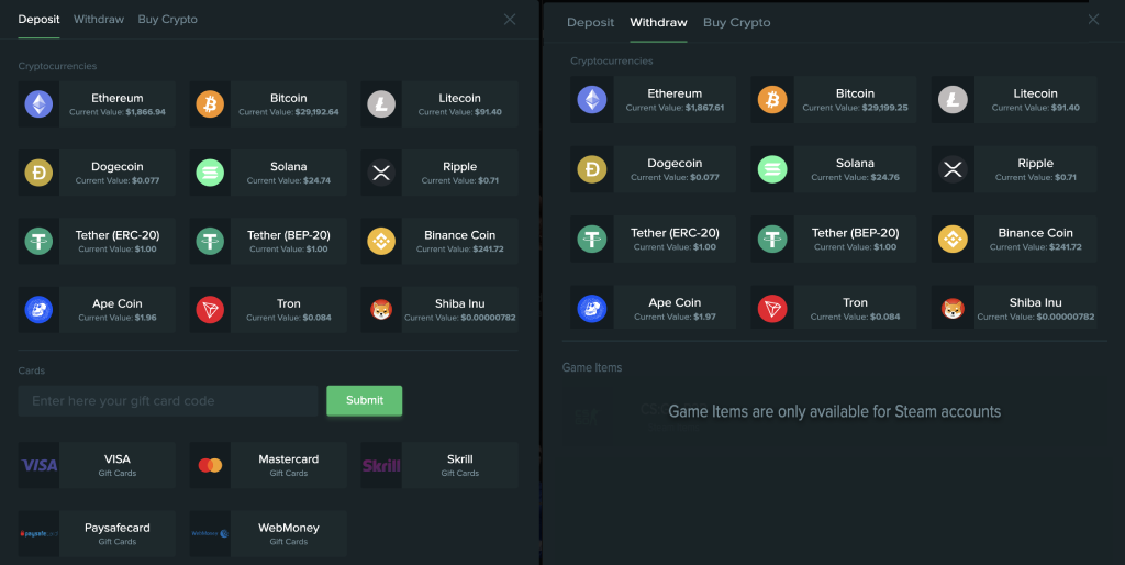 Deposit and Withdrawal Methods at Duelbits Casino