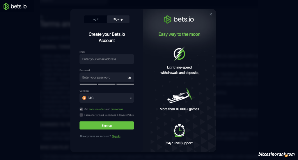 Registration form at Bets.io Casino