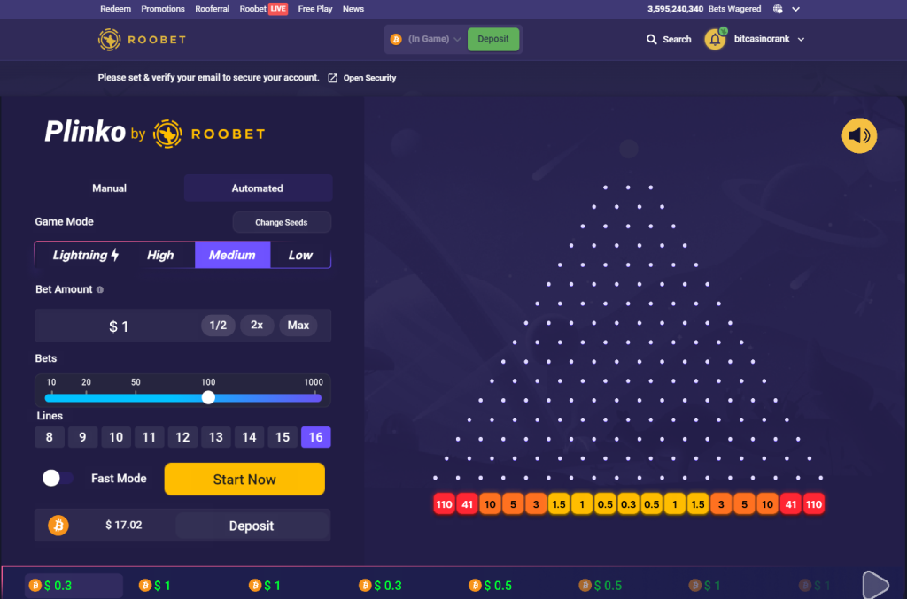 The start of the test of Roobet Pluinko