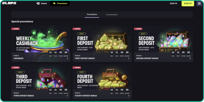 Section with bonuses at CLAPS Casino