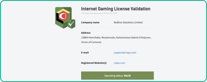 Anjouan Gaming License at Claps Casino