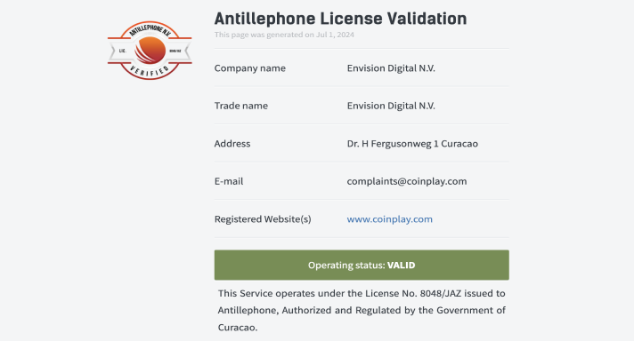 Coinplay Casino Antillephone License Validation