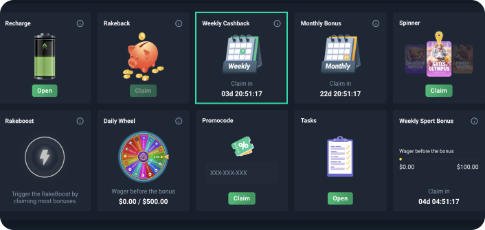 Section with bonuses in the player's account at Coins.Game casino