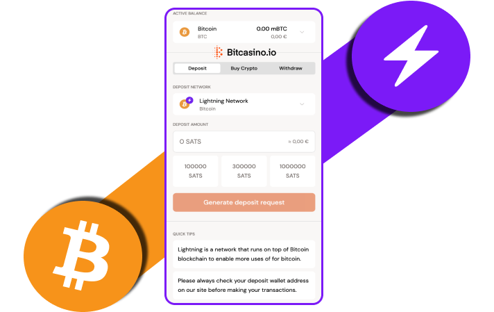 Deposit at bitcasino.io casino using the Bitcoin Lightning crypto network