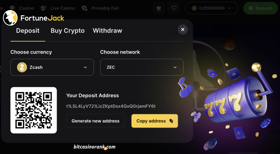 ZCash Deposit at FortuneJack Casino