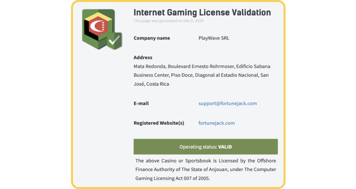 FortuneJack Casino Internet Gaming License Validation