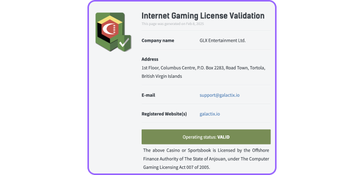 Galactix.io Casino Internet Gaming License Validation