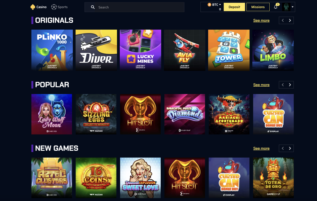 The collection of games at Justbit.io Casino