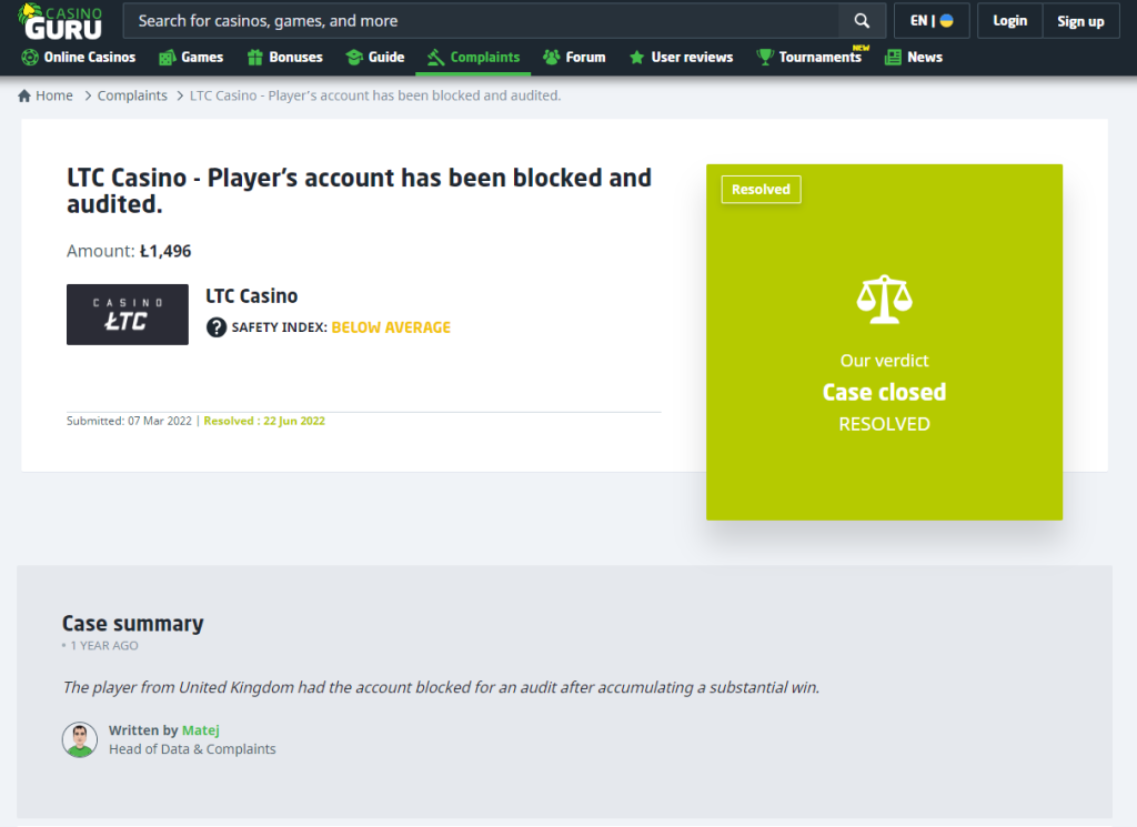 Compliance Issues for LTC Casino on Casino.Guru Resolved