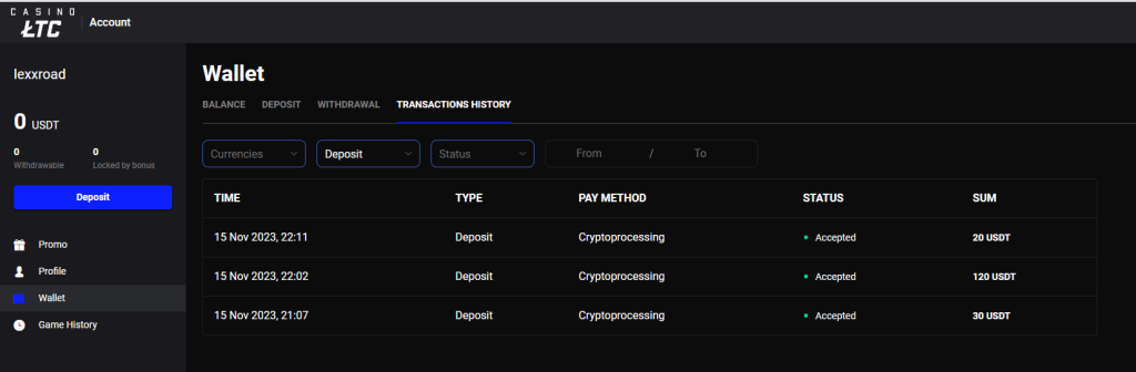 The proof of deposits at LTC Casino
