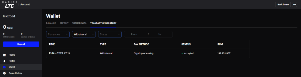 The proof of withdrawal from LTC Casino
