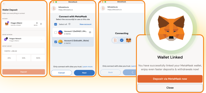 Steps of a casino deposit using MetaMask wallet