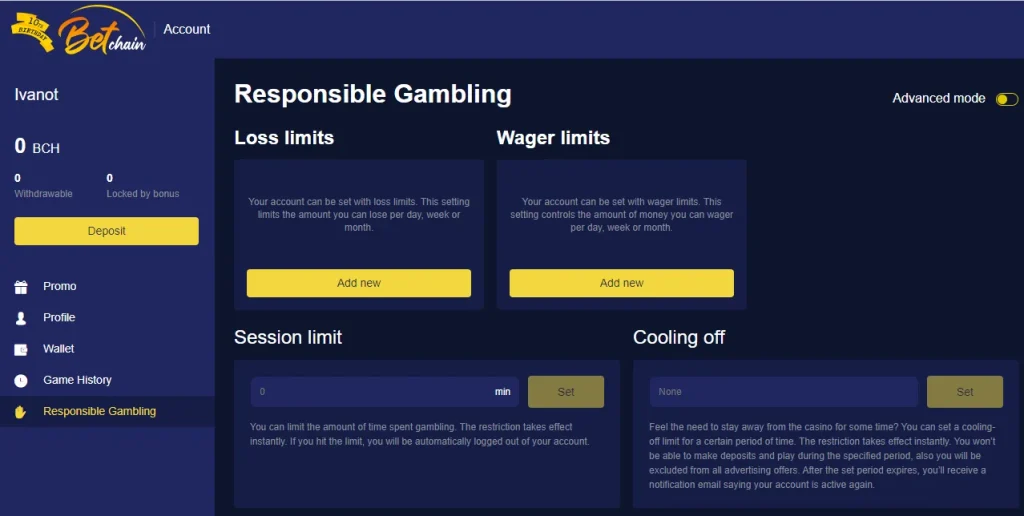 Responsible gambling in crypto casino with bitcoin cash
