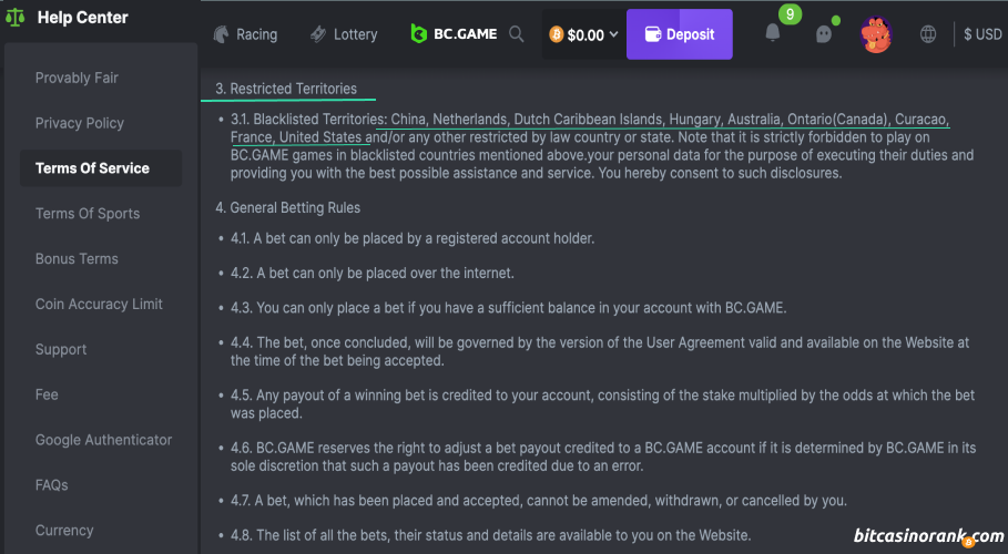 List of restricted countries in BCGame casinos