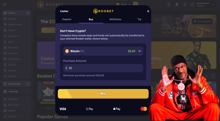 Roobet casino option to buy crypto