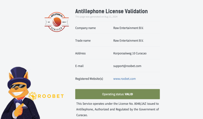 Roobet Casino Antillephone License Validation