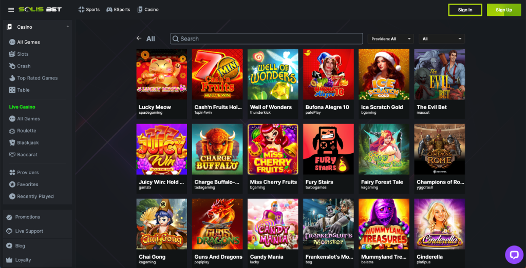 Games selection at Solisbet casino