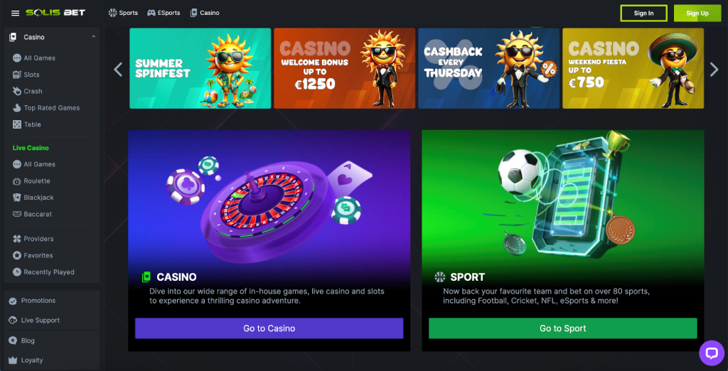 The homepage of Solisbet casino