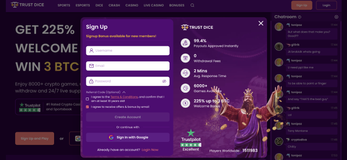 Sign Up Process at TrastDice Casino