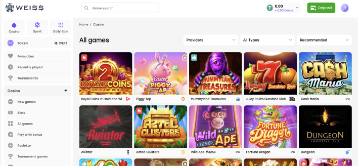 Games section at Weiss casino