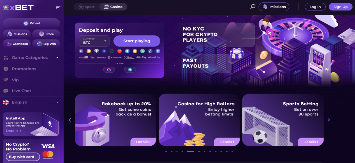 Main page of the casino 0xBet