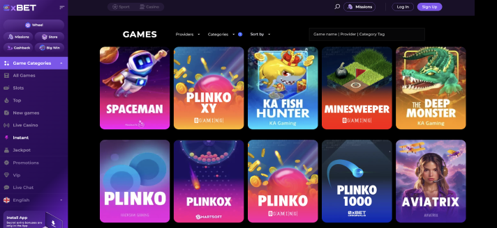 Section with Instant Games at 0xBet Casino