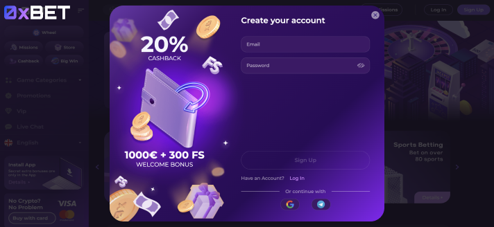 Sign Up Process at 0xBet Casino