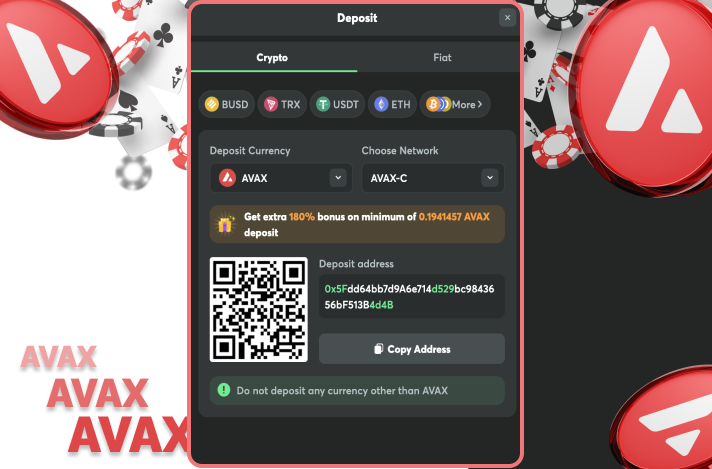 Deposit to BCGame casino with AVAX cryptocurrency