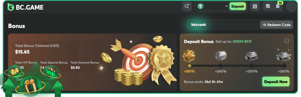 Bonus code for no deposit bonus at BCGame casino