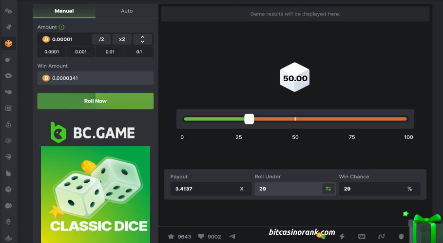 Gameplay of the original Dice BC.Game