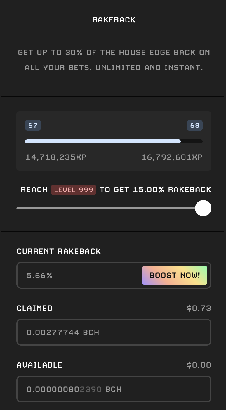Rakeback system at BCH Games casino