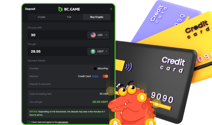 The option to buy crypto by credit card at BCGame casino