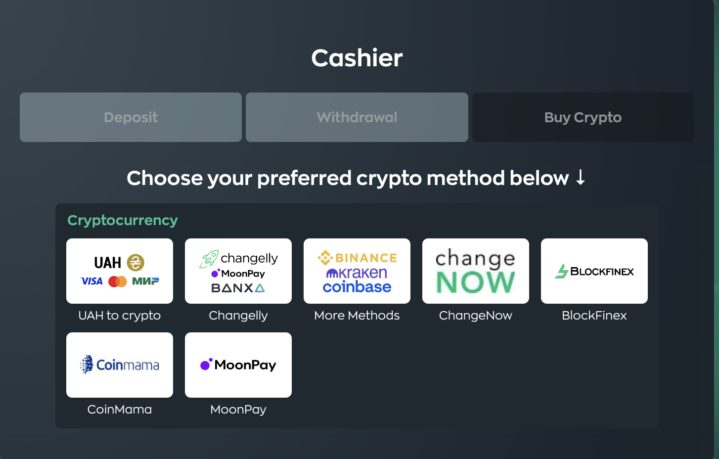 The "Buy Crypto" feature at Vave Casino