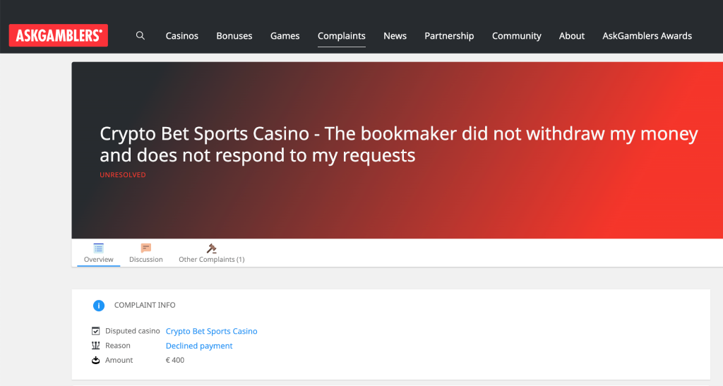 An unresolved complaint about CryptoBetSports at Askgamblers