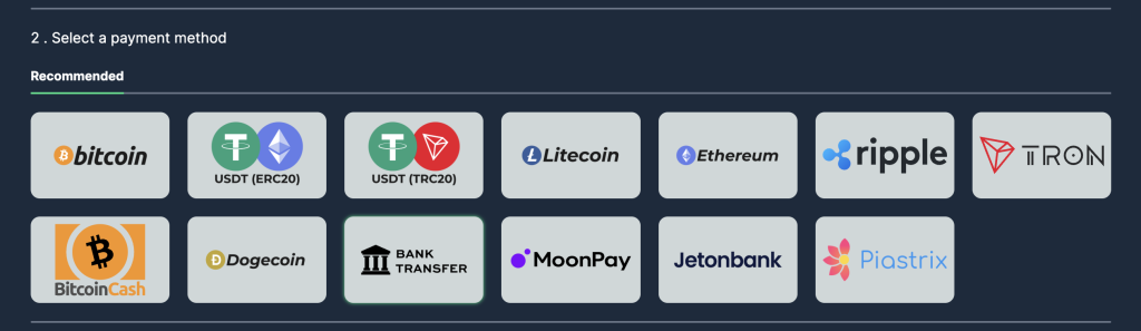 Payment methods of CryptoBetSports casino