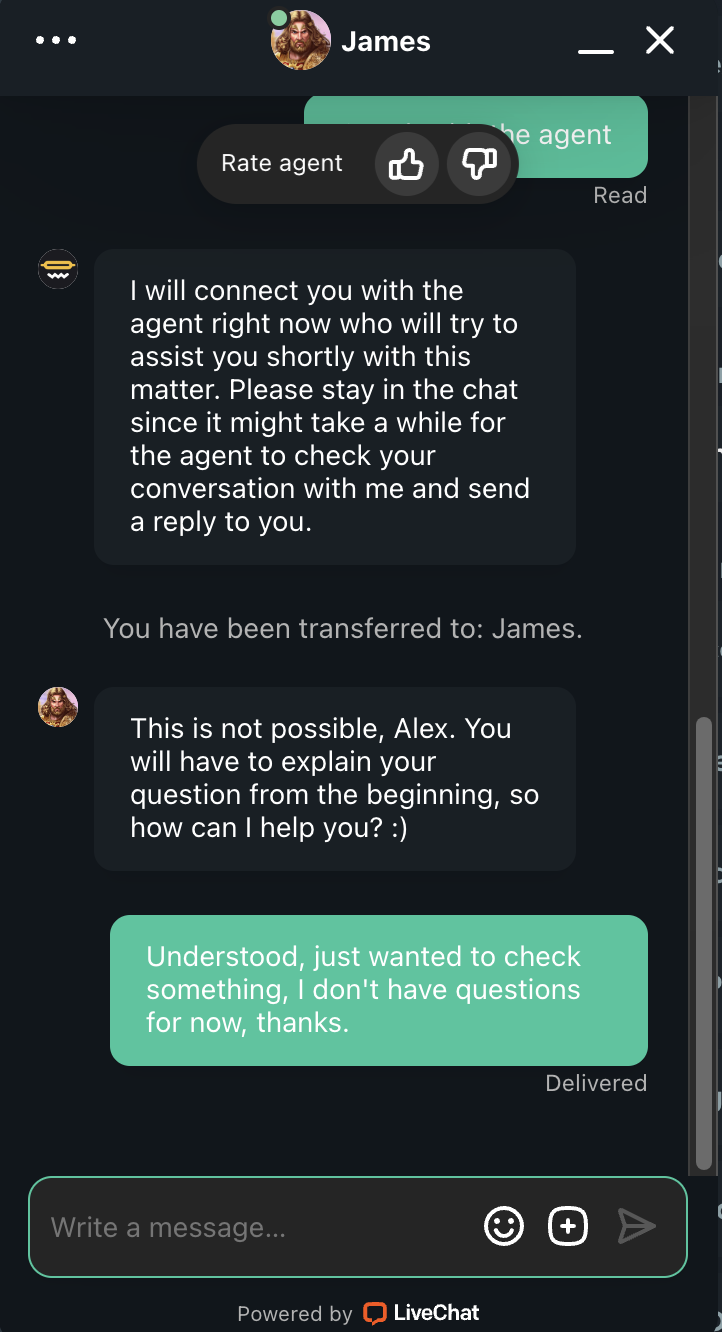 The customer suppot response at Vave Casino