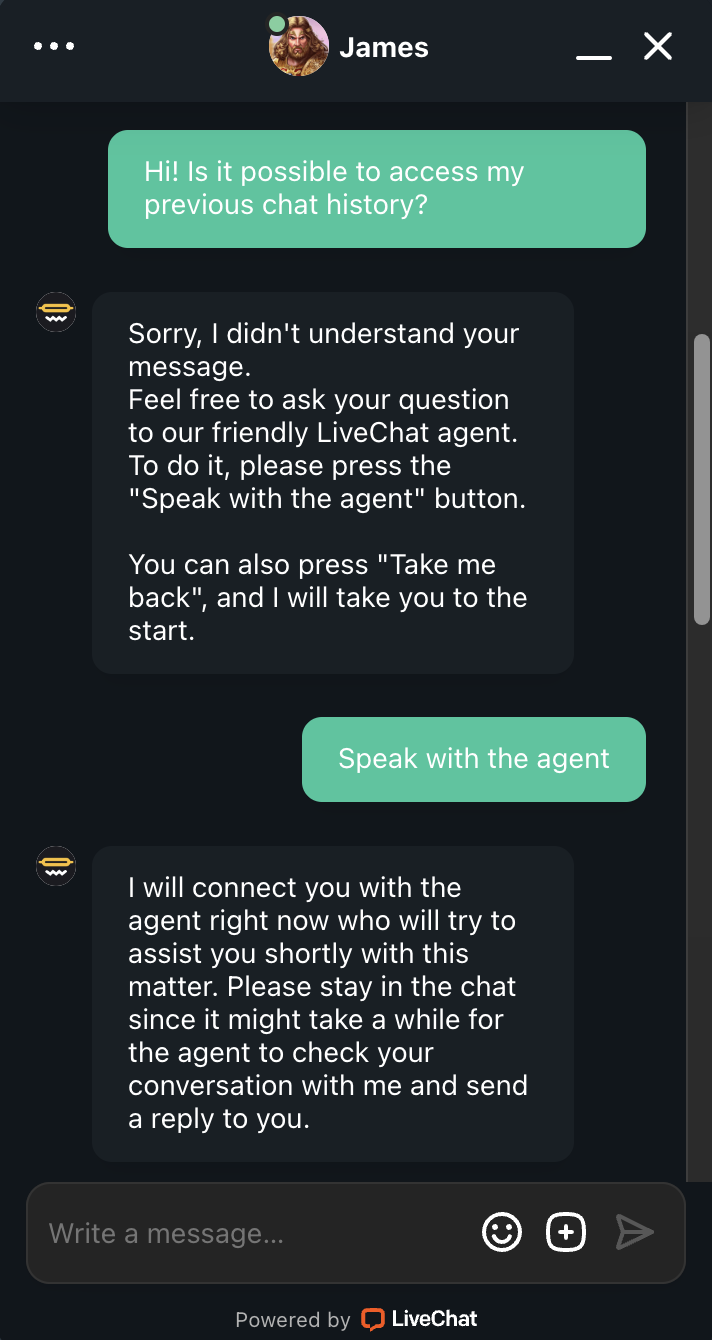 The customer suppot response at Vave Casino