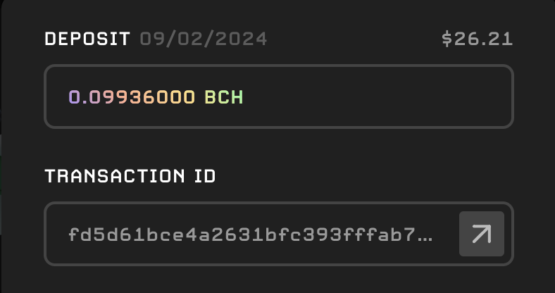 Deposit confirmation at BCH.Games