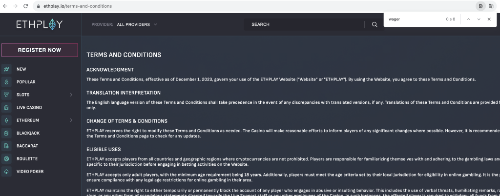 The proof that ETHPLAY's Terms and Conditions doesn't have a wager rule
