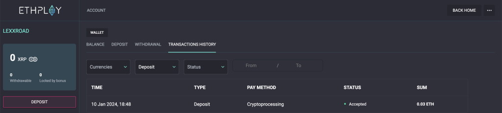 Proof of Deposit at ETHPLAY Casino