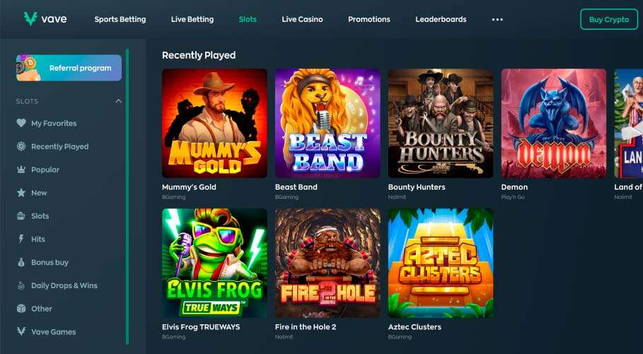The slots I played during the Vave Casino testing