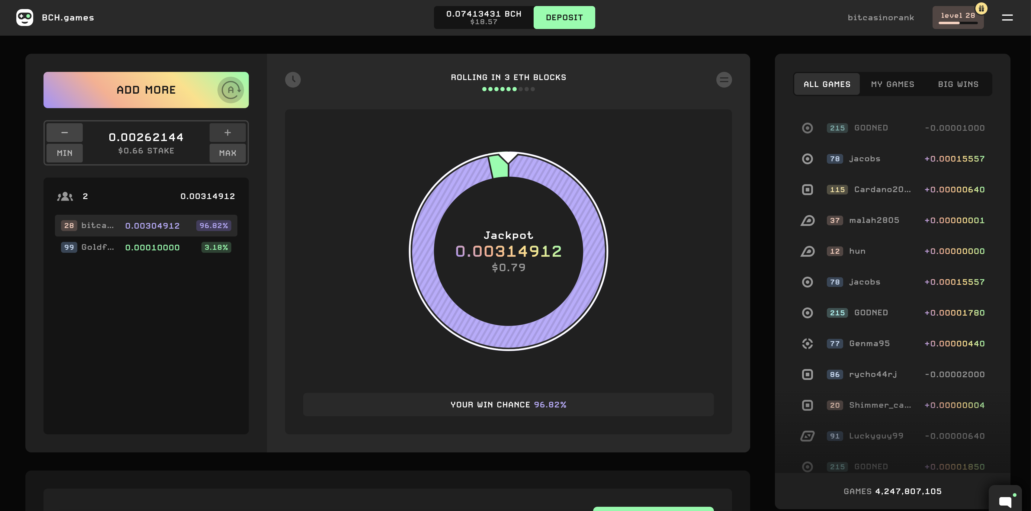 The gameplay of the "Jackpot" game at BCH.Games