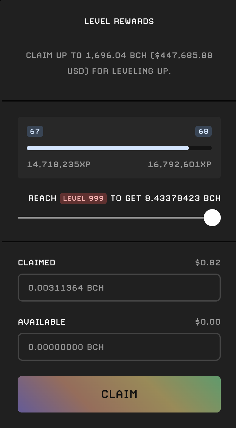 Level Up Rewards at BCH.Games