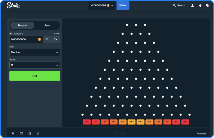 Gameplay of the original Plinko game at Stake casino