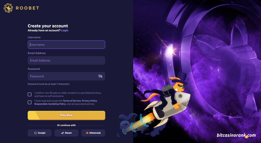 Register an account at roobet casino