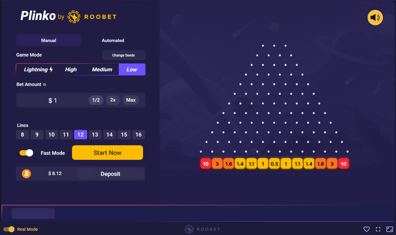 Interface of Roobet Plinko
