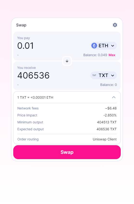 Buying TXT for ETH on Uniswap