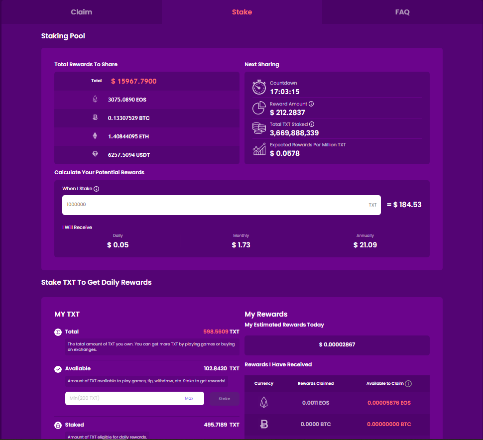 TXT staking section at TrustDice casino